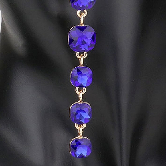 Royal Blue Square Stone Linear Crystal Drop Dangle Earrings 5" Formal Jewelry - Picture 3 of 4